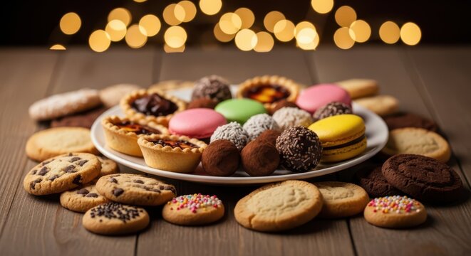 A plate of assorted cookies and candies on a table