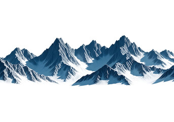 Fototapeta premium Panoramic view of jagged blue mountain peaks with white snow caps and deep shadows isolated on a transparent background
