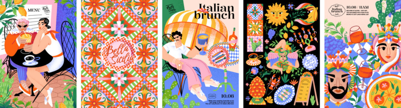 Summer Italian Sicily. Vector Mediterranean illustrations of Italian food, vacationers with cocktails, trendy people relaxing in a cafe, ceramic tile pattern, triskelion, menu for poster, card, postca
