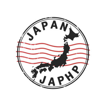 A circular stamp depicting the shape of Japan with red stripes