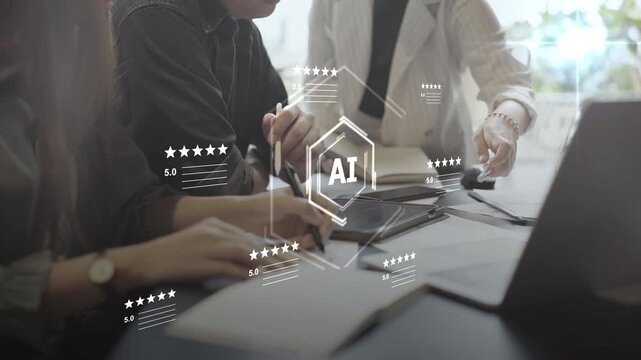 Digital marketing artificial intelligence and 5 stars rating review. Online customer feedback survey, service quality satisfaction, smart business strategy, and best ranking experience concept.