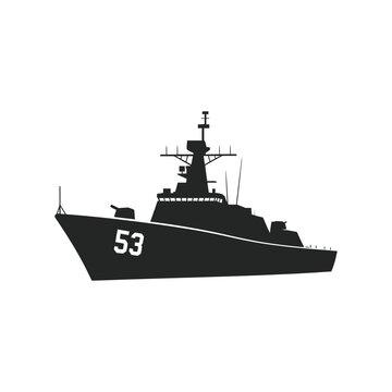 Silhouette of a modern naval destroyer with the number 53 displayed