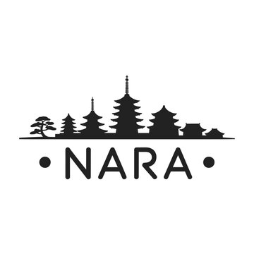Silhouette of traditional japanese buildings with the text nara below