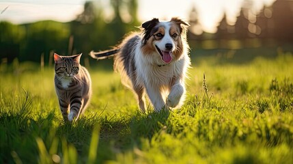 Obraz premium A joyful australian shepherd and kitten running through a sun drenched meadow showcasing a heartwarming friendship