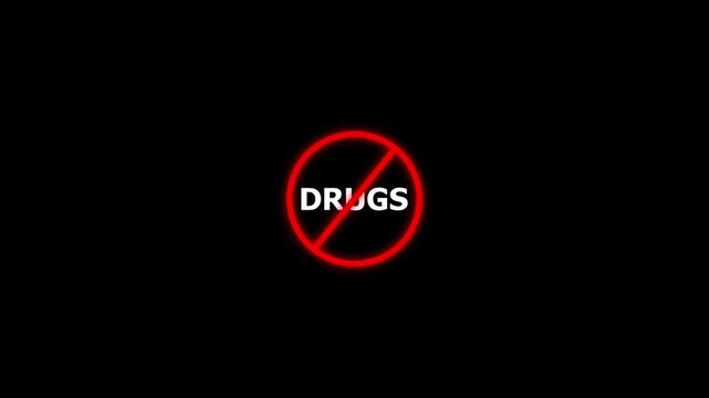 Prohibition symbol with the word drugs in white text against a black background stop