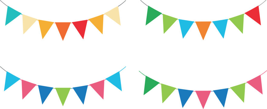 Colorful triangular bunting flags hanging decoration for party celebration festive banner garland cartoon vector illustration set