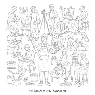 Various artists at work with different tools and techniques in a creative environment transparent background