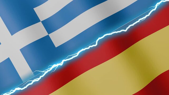 Two waving flags Greece and Spain with diagonal lightning seamless, 4k loop
