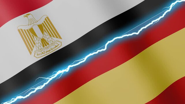 Two waving flags Egypt and Spain with diagonal lightning seamless, 4k loop
