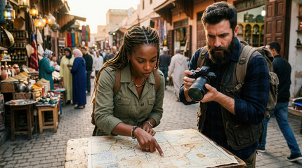 Obraz premium Diverse couple exploring a vibrant market street, woman pointing at an old map, man holding a camera. Bustling traditional souk with blurred people and colorful stalls.