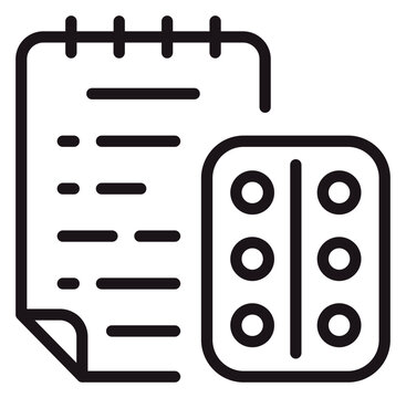 Black line vector icon illustration of a medical prescription notepad and a blister pack of pills, representing pharmacy services, healthcare treatment, medication management, and clinical care.