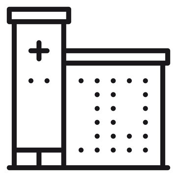Minimalist black line vector icon of a hospital building or medical center facility with a cross symbol, representing healthcare, clinical services, and emergency care in a clean graphic style.