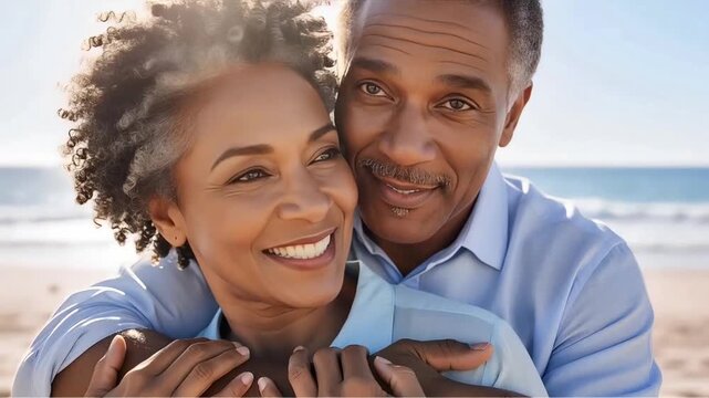 Happy senior couple hugging on beach at sunset, smiling and enjoying love and отдых together. Romantic seaside scene with warm light and healthy aging concept. 
