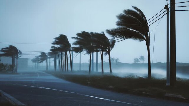 Hurricane flooding in residential street, palm trees bent by extreme wind, storm surge, tropical weather disaster and climate crisis concept a residential street flooded during