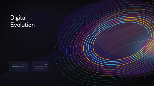 Digital Evolution With Neon Torus, Glowing Dotted Tunnel, And Futuristic Abstract Flow On Dark Background. Digital Waves And Shapes.