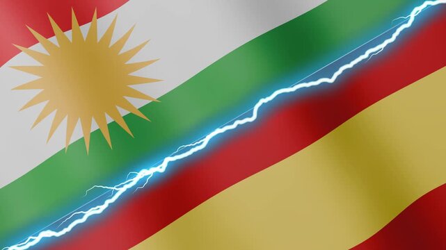 Two waving flags Kurdistan and Spain with diagonal lightning seamless, 4k loop