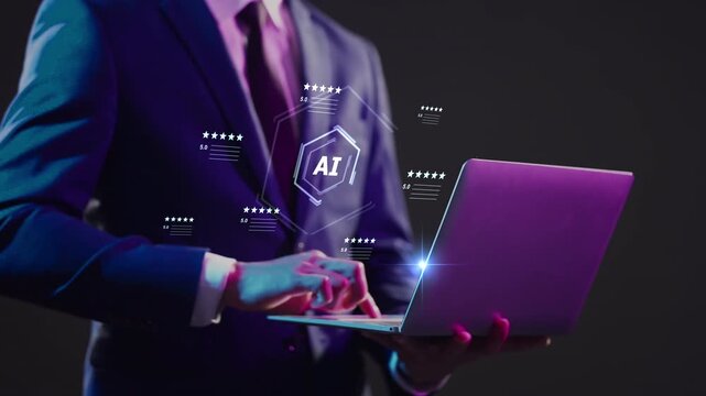 Digital marketing artificial intelligence and 5 stars rating review. Online customer feedback survey, service quality satisfaction, smart business strategy, and best ranking experience concept.