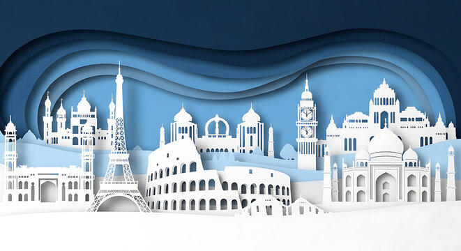 A stunning white paper cutout of famous landmarks from around the world on a blue background