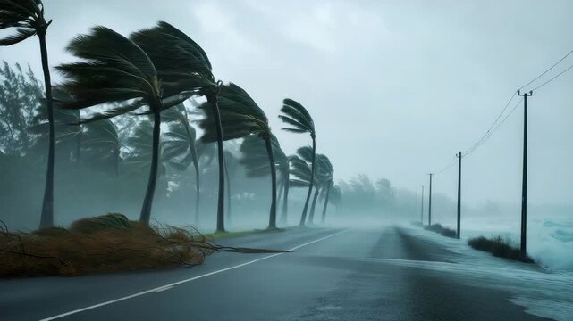 hurricane on a coastal road, strong storm surge water crossing the pavement, tall palm trees bending violently in the wind, utility poles fading into fog and rain