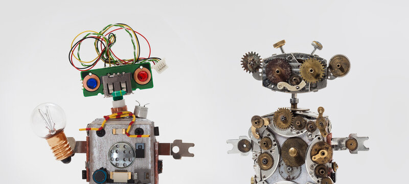 Toy robot with red blue eyes holding a light bulb, steampunk robot made of clockwork gears and spare parts, waist‑up close‑up.  industrial style concept