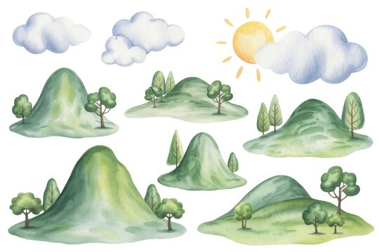Whimsical watercolor illustration of rolling green hills and trees under a sunny sky with fluffy clouds