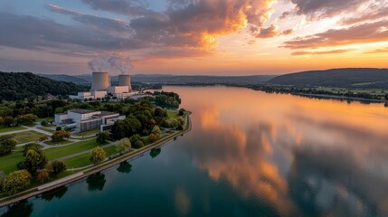 Fototapeta premium Sunset view over river with power plant and trees near hill