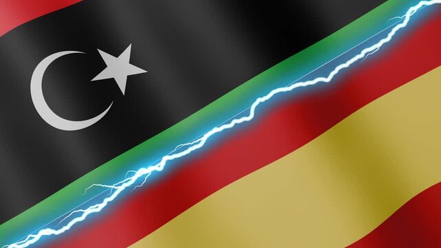 Two waving flags Libya and Spain with diagonal lightning seamless, 4k loop