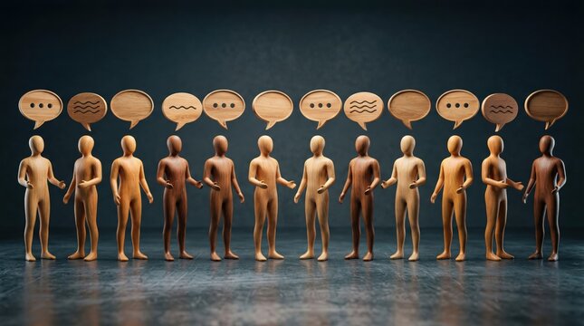A group of wooden mannequins standing in a line with speech bubbles above their heads, symbolizing communication and discussion.