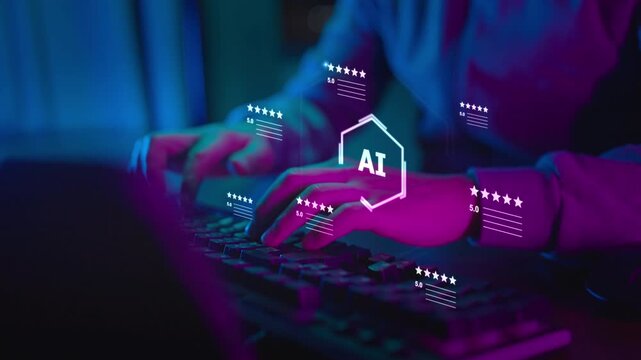 Digital marketing artificial intelligence and 5 stars rating review. Online customer feedback survey, service quality satisfaction, smart business strategy, and best ranking experience concept.