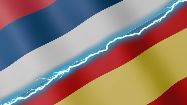 Two waving flags Serbia and Spain with diagonal lightning seamless, 4k loop