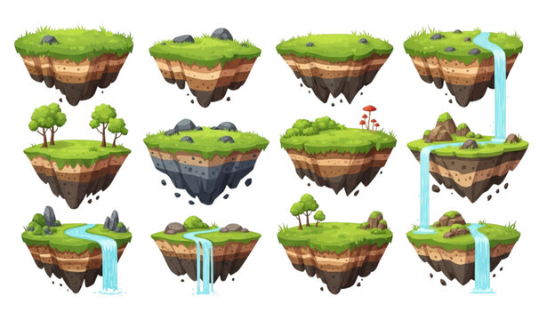 Fantasy floating island vector set cartoon ground grass game asset