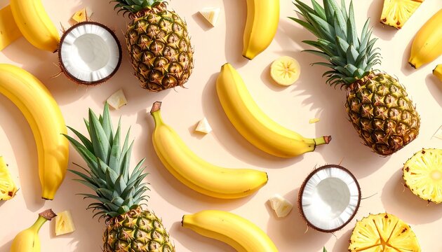 Seamless vibrant tropical fruit pattern with fresh bananas, pineapples, and coconuts, creating a bright and refreshing summer background