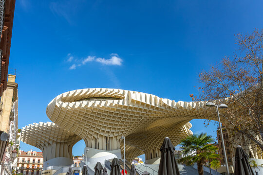 Seville, Andalusia, Spain &ndash; Feb 13, 2020: The impressive Metropol Parasol, also known as Las Setas, stands tall in Plaza de la Encarnaci&oacute;n, showcasing its unique wooden grid structure and modern desig