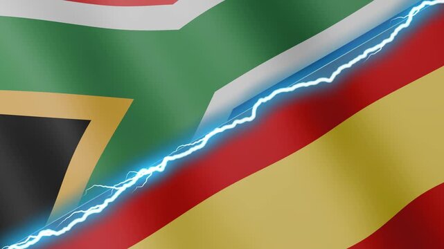 Two waving flags South Africa and Spain with diagonal lightning seamless, 4k loop