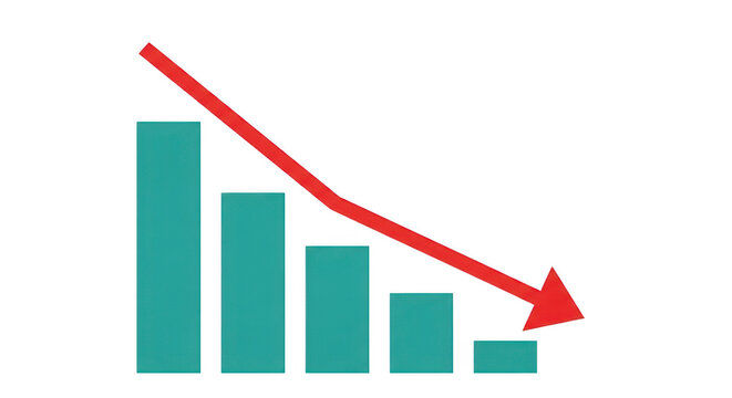 Bar chart with a red arrow pointing downward indicating a decline isolated on transparent background, isolated on white background