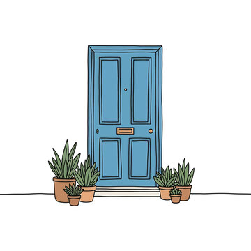 Vector illustration of a blue house front door with potted plants