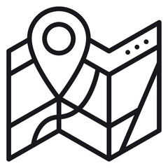 Minimalist black line vector icon of a folded paper map with a location pin marker, representing navigation, travel, GPS destination, and route planning for mobile apps and web design. © Marjana
