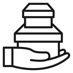 Black line art vector icon of a hand holding two stacked gift boxes or delivery packages, minimalist symbol for shipping, logistics, giving, commerce, and retail services, scalable illustration. © Marjana