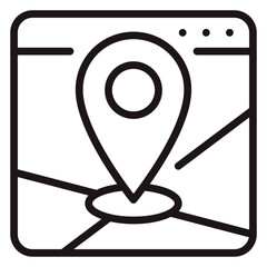 Minimalist black line vector icon of a location map pin marker inside a digital browser window interface, symbolizing online navigation, GPS tracking, web map services, and travel destination. © Marjana