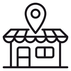 Minimalist black line vector icon illustration of a retail store or shop building with a location map pin pointer on top, symbolizing local business, physical outlet, or shop finder. © Marjana