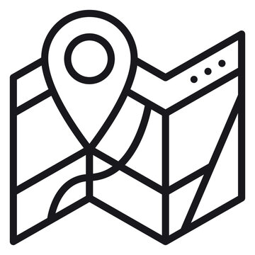 Minimalist black line vector icon of a folded paper map with a location pin marker, representing navigation, travel, GPS destination, and route planning for mobile apps and web design.
