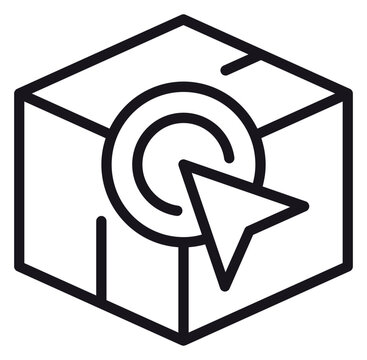 Minimalist black vector icon illustration of a cardboard delivery box with a mouse cursor arrow clicking a circular target, symbolizing online shopping, e-commerce, and digital product selection.