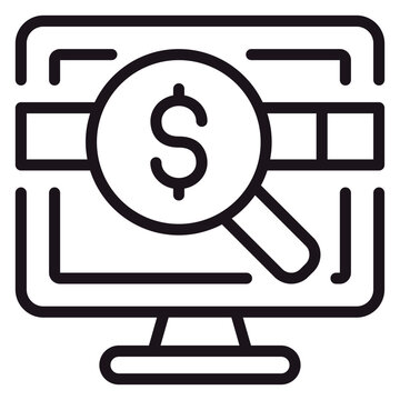 Minimalist black line vector icon illustration of a computer monitor with a magnifying glass showing a dollar sign over a search bar, symbolizing online financial research, digital banking, or