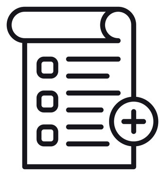 Black line vector icon illustration of a checklist document with checkboxes and a plus sign symbol, representing adding a new task, creating a list, or registration for web and app design.