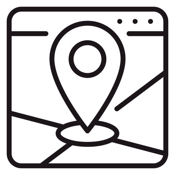 Minimalist black line vector icon of a location map pin marker inside a digital browser window interface, symbolizing online navigation, GPS tracking, web map services, and travel destination.