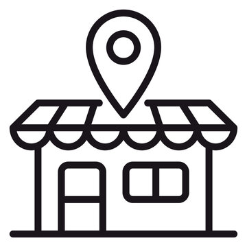 Minimalist black line vector icon illustration of a retail store or shop building with a location map pin pointer on top, symbolizing local business, physical outlet, or shop finder.