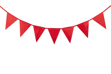 Fototapeta premium Red bunting flags creating a festive garland, decorative party banner hanging for celebration events with transparent background