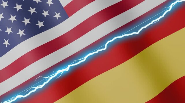 Two waving flags United States and Spain with diagonal lightning seamless, 4k loop