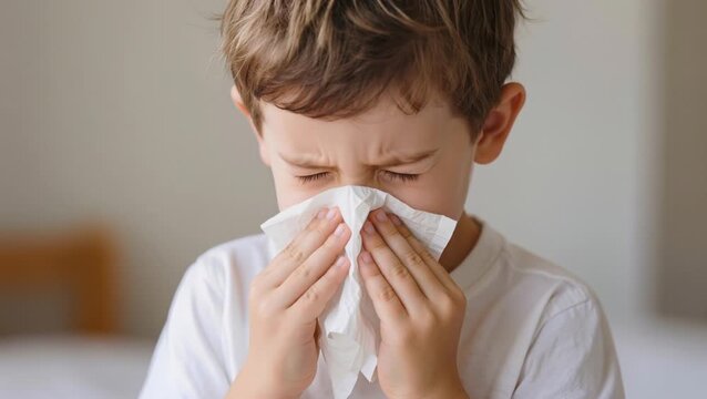 Young boy blows his nose into a tissue with eyes closed, capturing a relatable moment of cold or allergy discomfort against a clean background.