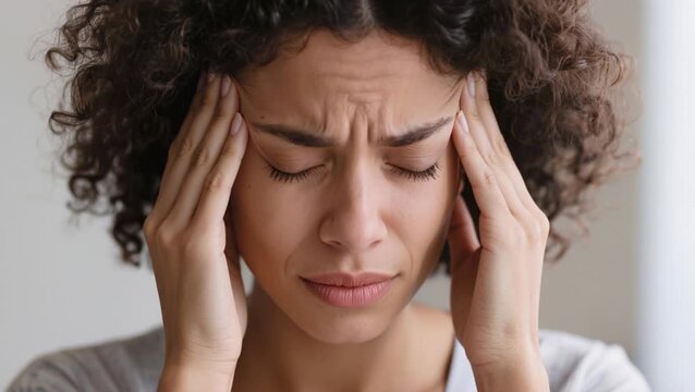 Woman presses her temples in pain, illustrating stress, headache, and elevated cortisol affecting mental and physical wellbeing.